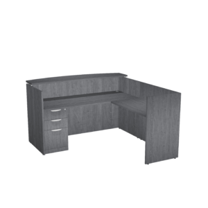 Classic Lam L Reception Desk Full Single Pedestal w/ Bow Transaction Top 71" x 72" Footprint